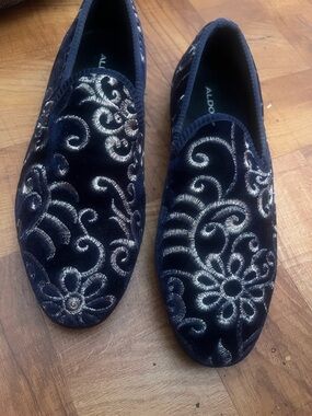 ALDO Navy Velvet Slip-On Loafers with Silver Embroidery